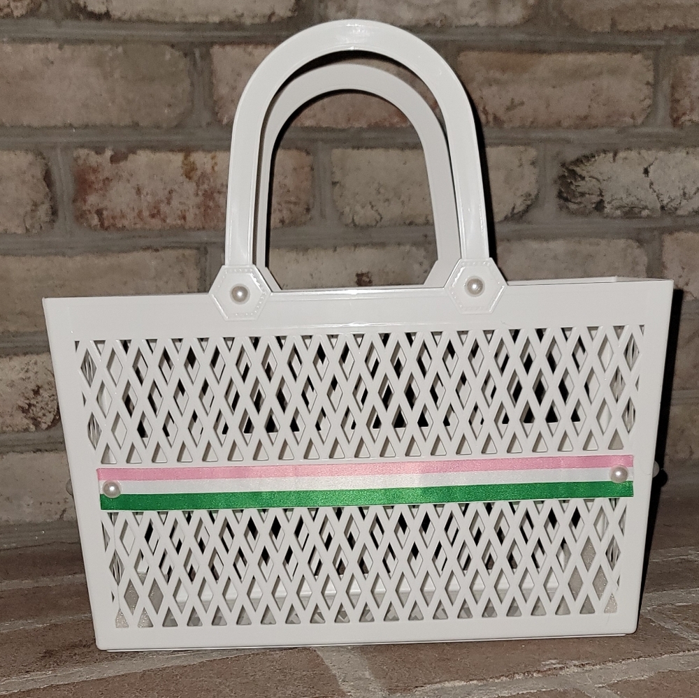 White Plastic Tote Bag with Green and Pink Accents